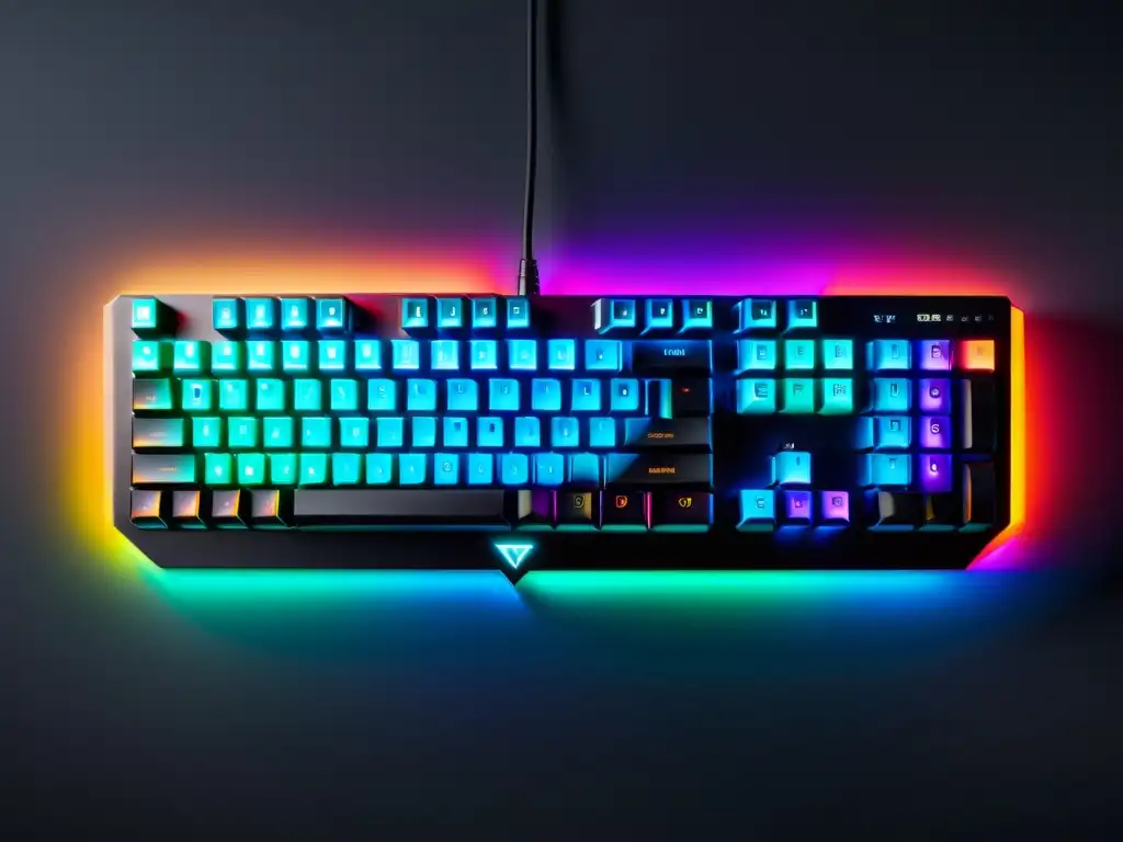 Teclado gaming de alta tecnología con retroiluminación RGB Uno de los mejores teclados gaming para Free Fire: moderno, con iluminación RGB y teclas mecánicas, sobre un escritorio minimalista