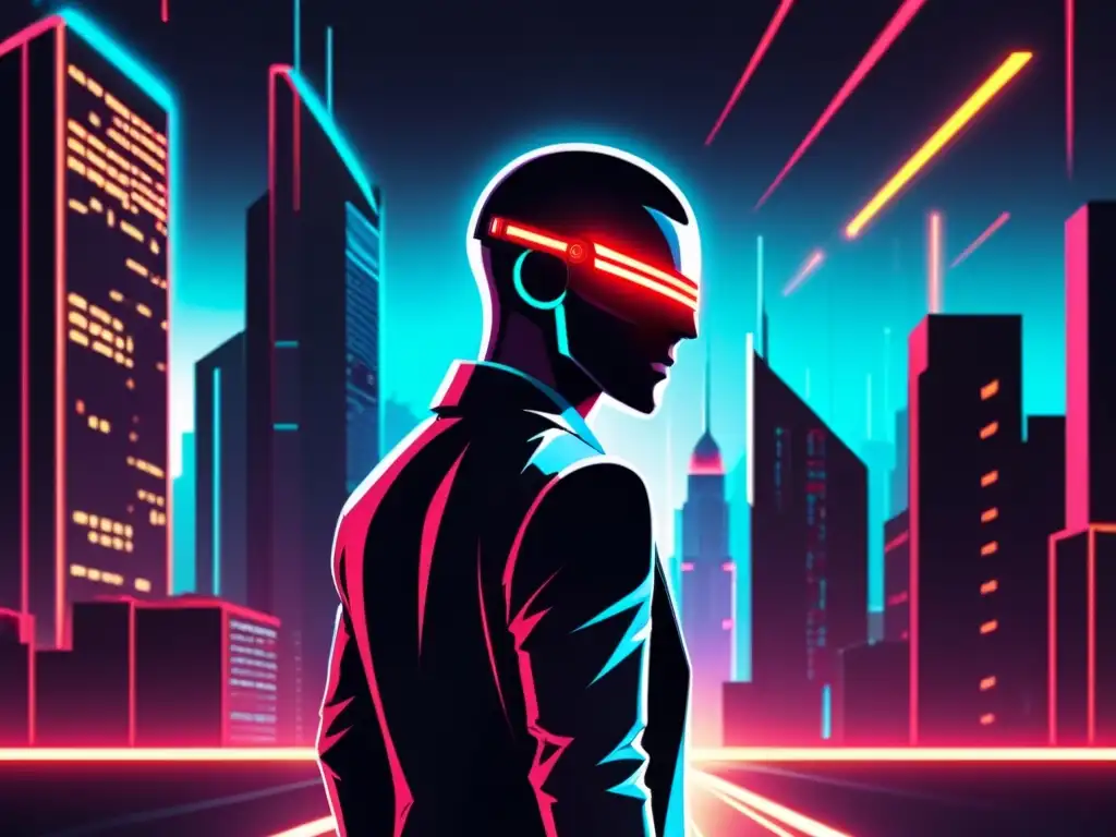 Figura sombría en la ciudad futurista de FreeFire Un misterioso personaje digital con traje futurista y ojos rojos en la oscuridad, rodeado de símbolos neón y patrones cibernéticos