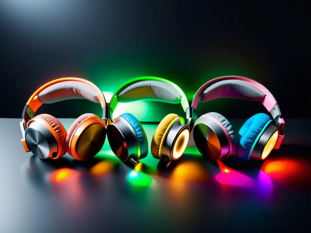 Tres modelos de auriculares gaming con iluminación LED en una mesa negra