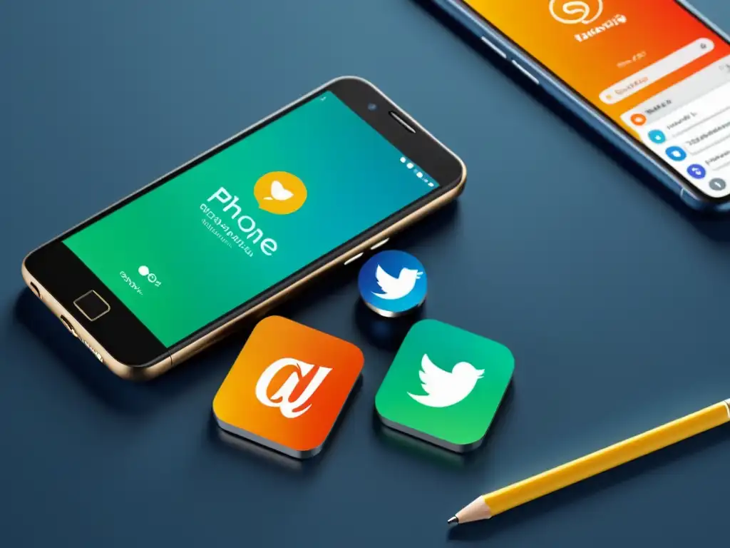 Integración de marca: smartphone profesional con diseño cohesivo Un moderno smartphone exhibe la unificación de la experiencia de marca en dispositivos diversos, rodeado de herramientas de marketing digital
