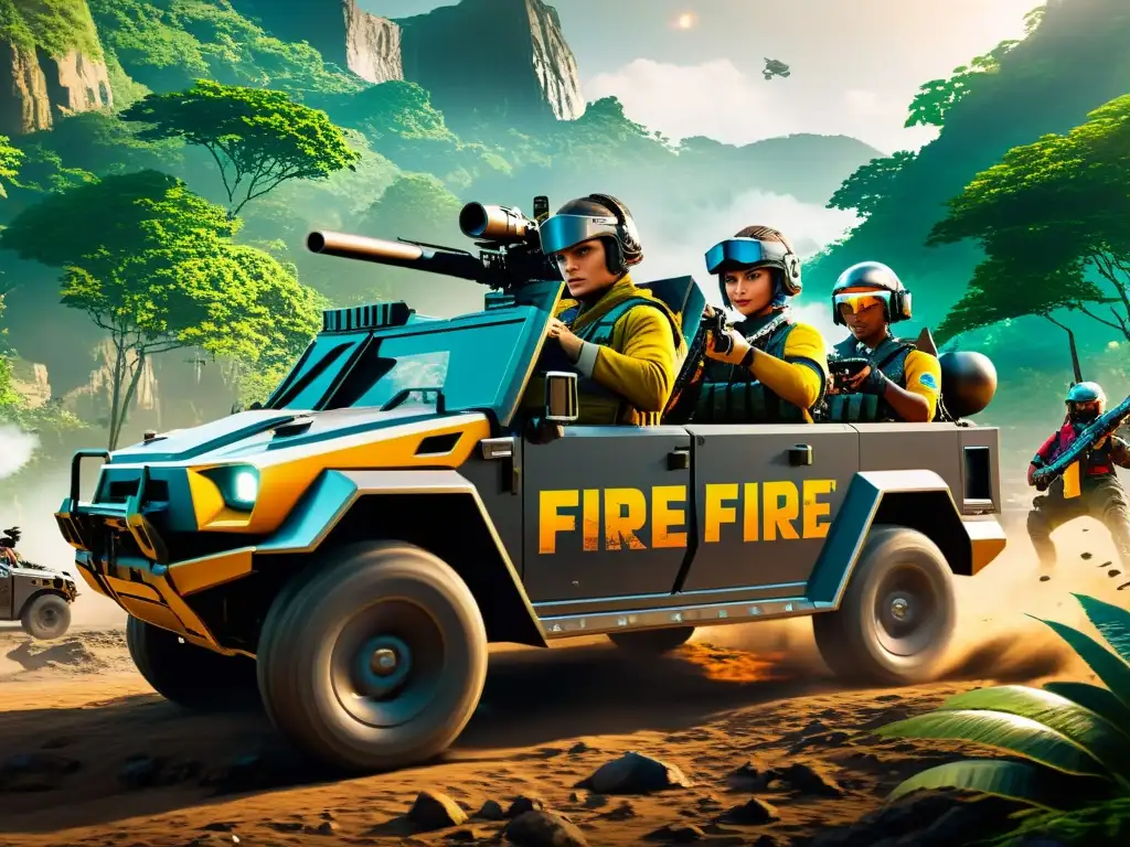 Equipo de Free Fire en vehículo futurista atraviesa jungla Nuevos vehículos y movilidad en Free Fire: Equipo de personajes atraviesa la selva en vehículo futurista, armados y listos para la acción