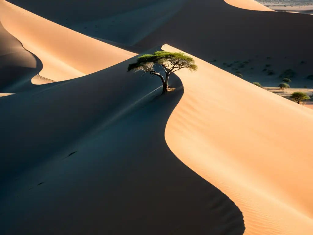 Desierto del Kalahari: Impactante belleza y soledad Un paisaje desolado de dunas arenosas y un sol brillante en el cielo azul del desierto del Kalahari