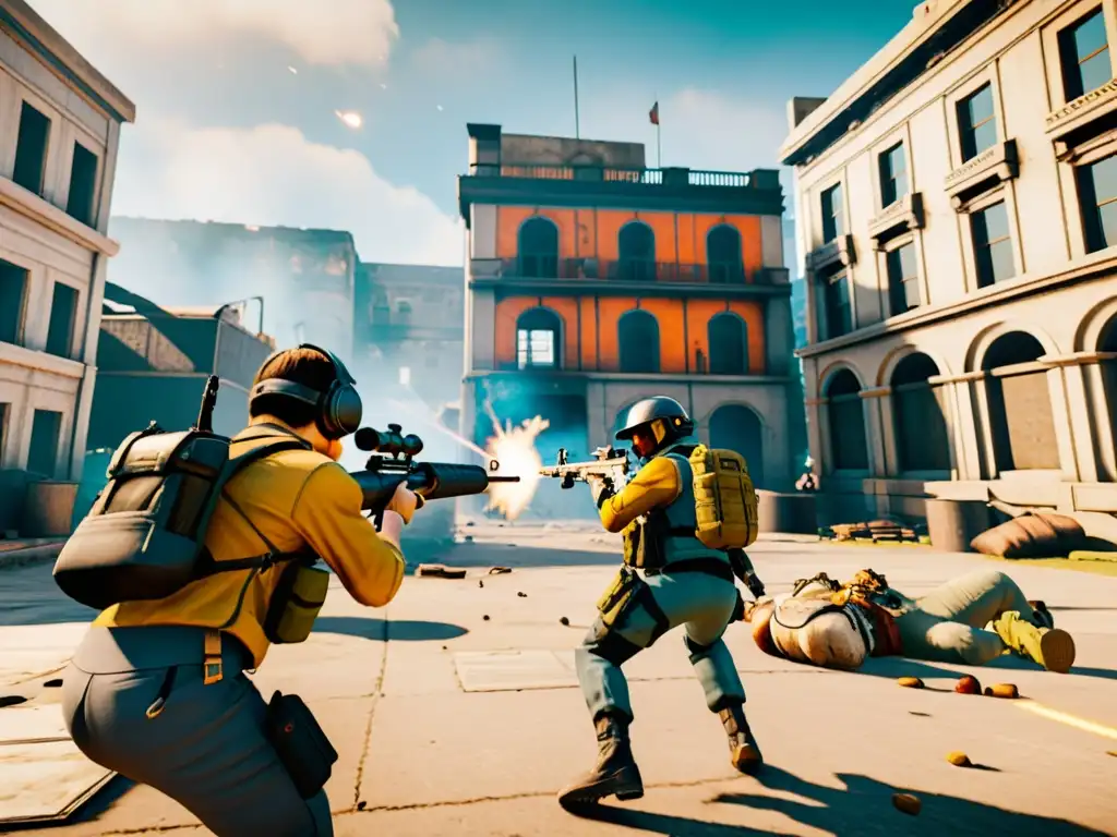 Batalla urbana en Free Fire: Fuego y estrategia Partidas de alto nivel Free Fire: Intensa batalla urbana entre jugadores expertos con armas avanzadas