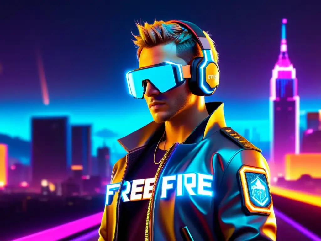Personaje de Free Fire con atuendo cyberpunk y arma futurista en escenario impactante Personaje de Free Fire con accesorios destacar Free Fire 2023 en escena futurista y vibrante