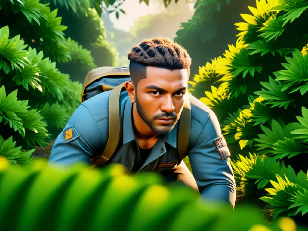 Camuflaje perfecto: Agente en FreeFire oculto entre la vegetación Un personaje de FreeFire se camufla en la densa vegetación, destacando las mejores estrategias de camuflaje en el juego