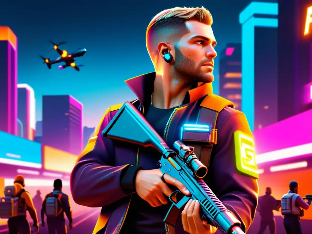 Administra recursos con maestría en FreeFire Personaje de FreeFire maximiza eficiencia en la gestión de recursos en un entorno urbano futurista, con luces de neón
