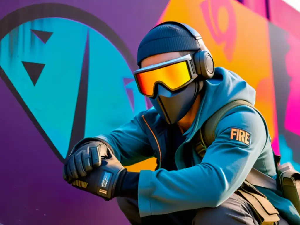 Agente táctico en acción en el mundo urbano de Free Fire Un personaje de Free Fire se agacha junto a un muro urbano lleno de grafitis, listo para la infiltración