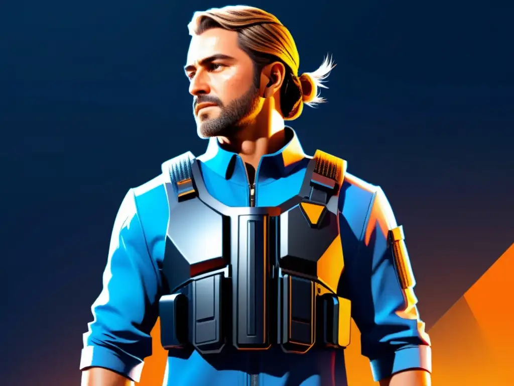 Chaleco antibalas futurista de Free Fire Un personaje de Free Fire con el mejor chaleco antibalas, moderno y futurista, mostrando alta tecnología y detalles sofisticados
