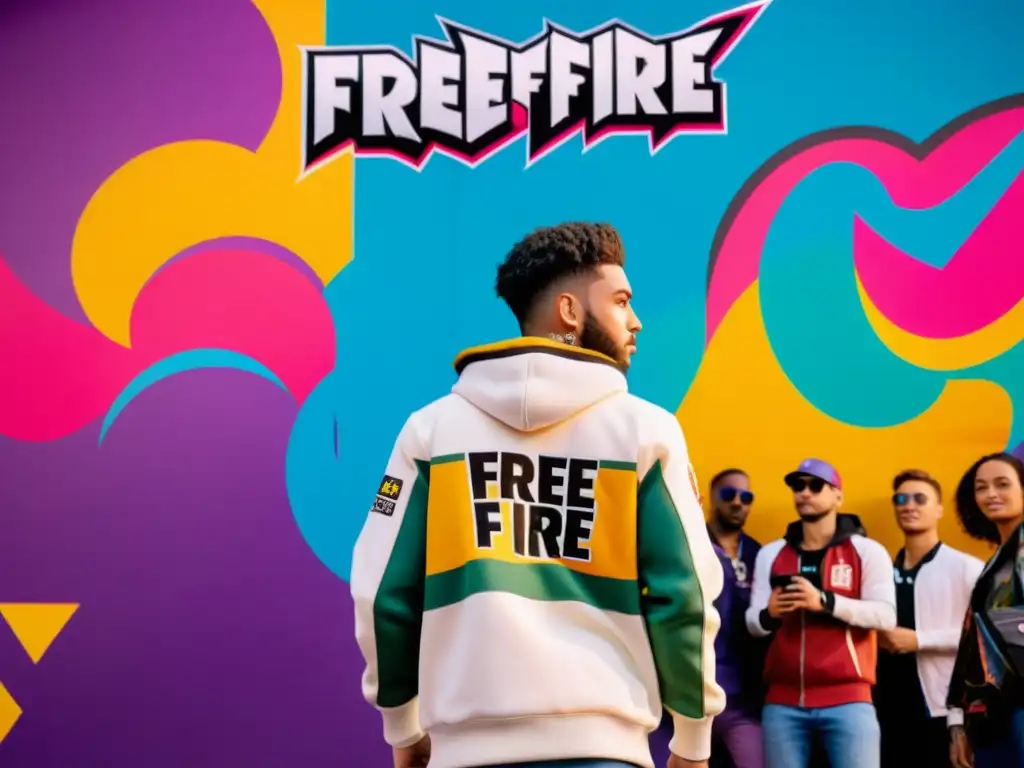 Personaje de Free Fire con ropa de marca frente a graffiti Personaje de Free Fire con ropa de marca frente a grafitis, rodeado de gamers
