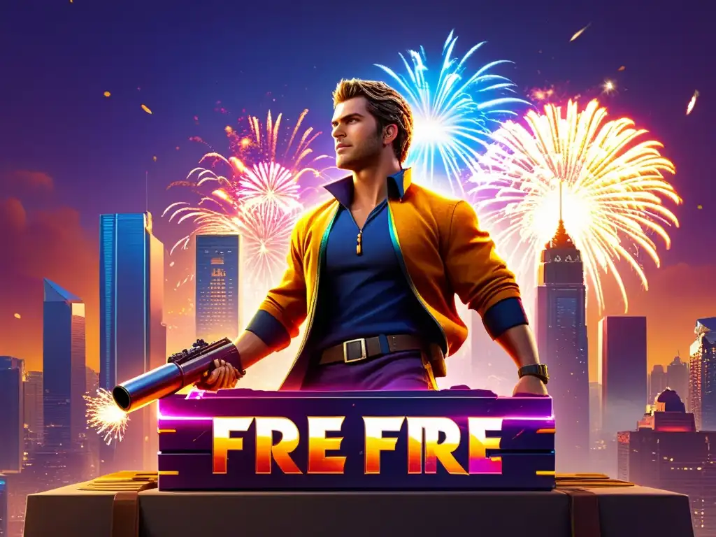 Personaje de Free Fire con cofres del tesoro y fuegos artificiales Un personaje de Free Fire posa victorioso sobre un montón de cofres del tesoro, rodeado de fuegos artificiales y brillos