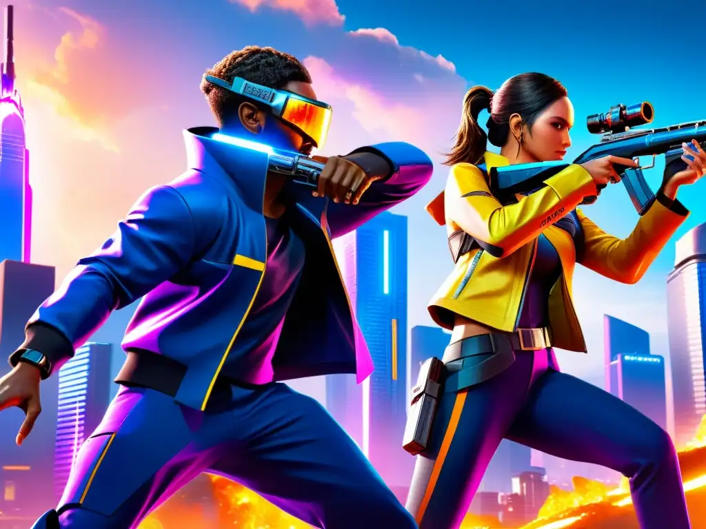 Combate futurista intenso en Free Fire Dos personajes de Free Fire en intenso combate en una ciudad futurista y neón