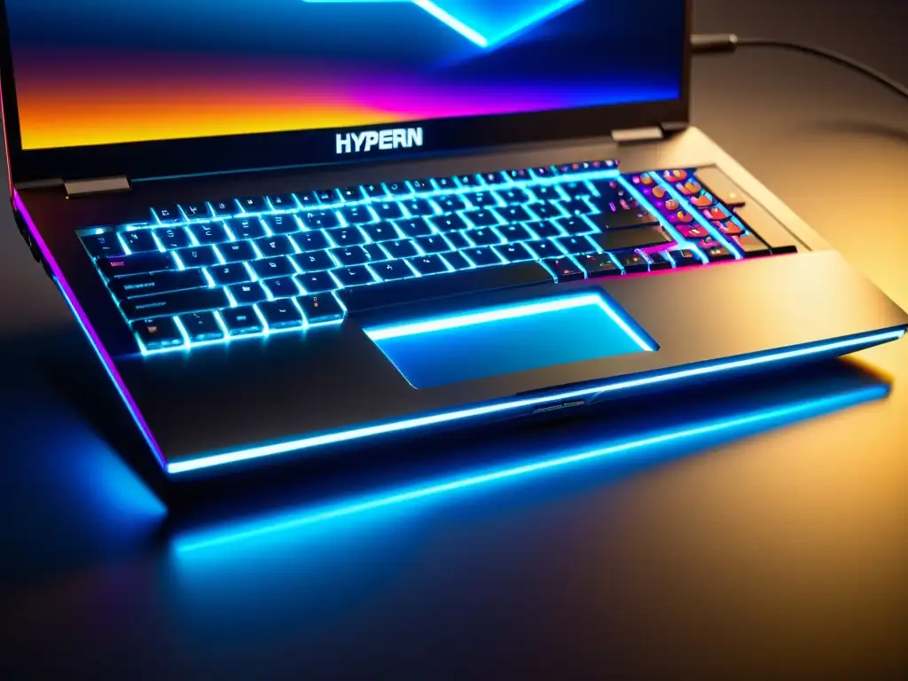 Potente laptop gaming con cargador de alto rendimiento Un portátil gaming de alta gama conectado a un cargador de alto rendimiento