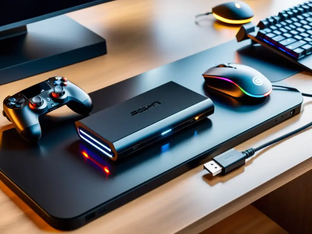Batería externa de alta capacidad para gaming Una potente batería externa para gaming en un escritorio minimalista con accesorios retroiluminados