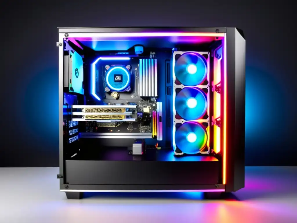 Potente setup de PC gaming con múltiples tarjetas gráficas de alta gama Potente setup de PC gamer con tarjetas gráficas iluminadas en RGB, mostrando tecnología de vanguardia