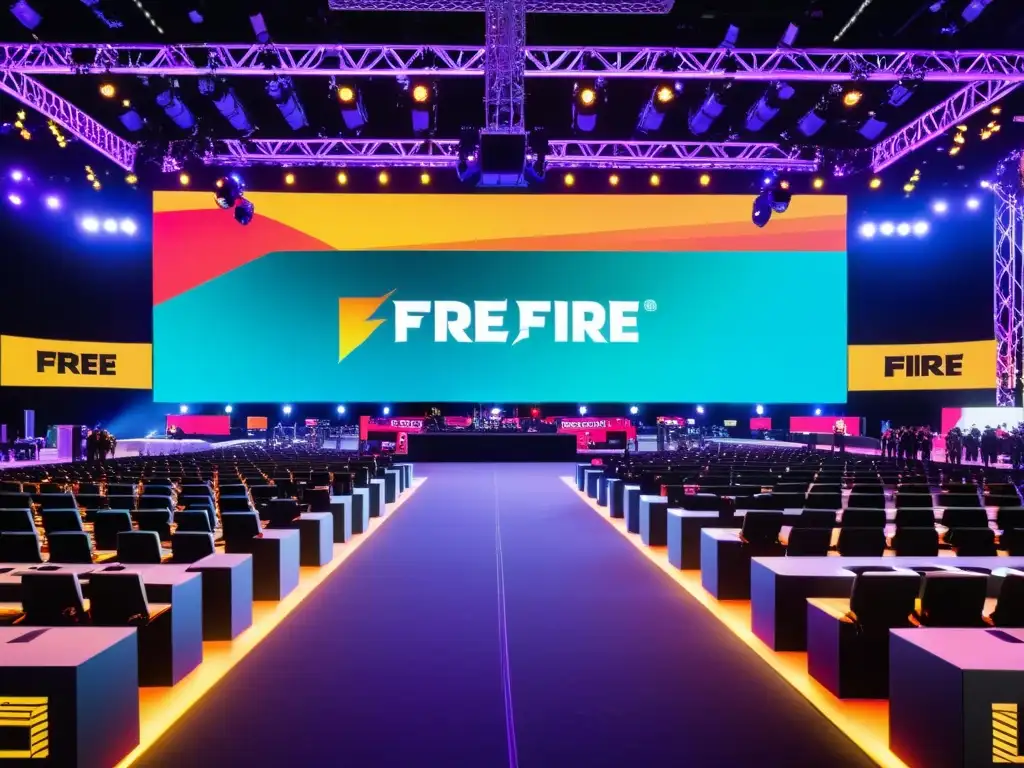 Preparativos para el emocionante evento de Organización de eventos Free Fire, con organizadores y técnicos trabajando en el montaje del escenario y equipo
