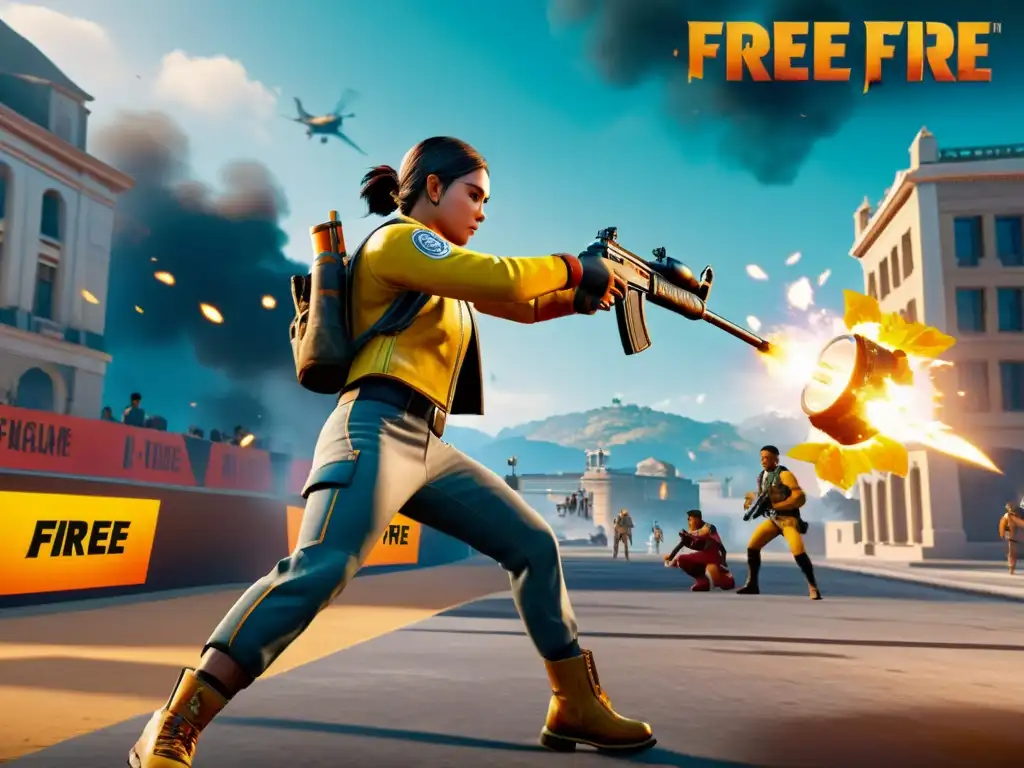 Batalla intensa con publicidad estratégica en Free Fire Publicidad ingame en Free Fire: Intenso combate con personaje usando artículo de marca