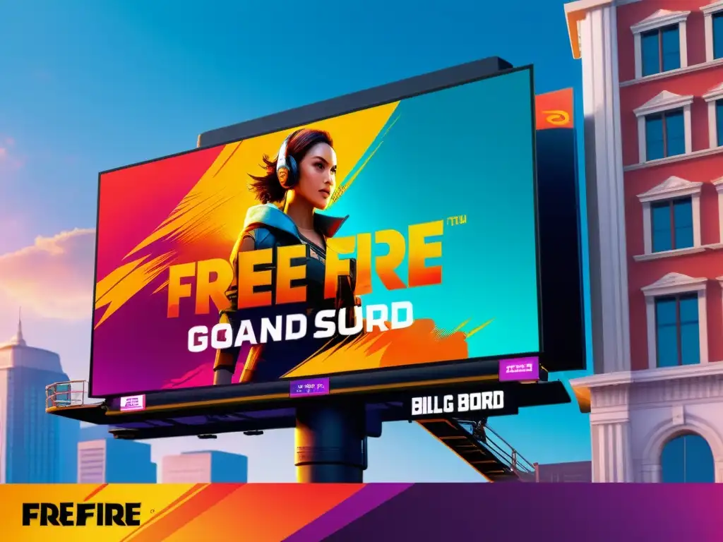 Anuncio dinámico en Free Fire: Vibrante y realista Publicidad ingame en Free Fire: Un vibrante anuncio en un cartel virtual, integrándose perfectamente en el juego con efectos realistas y una ciudad futurista de fondo