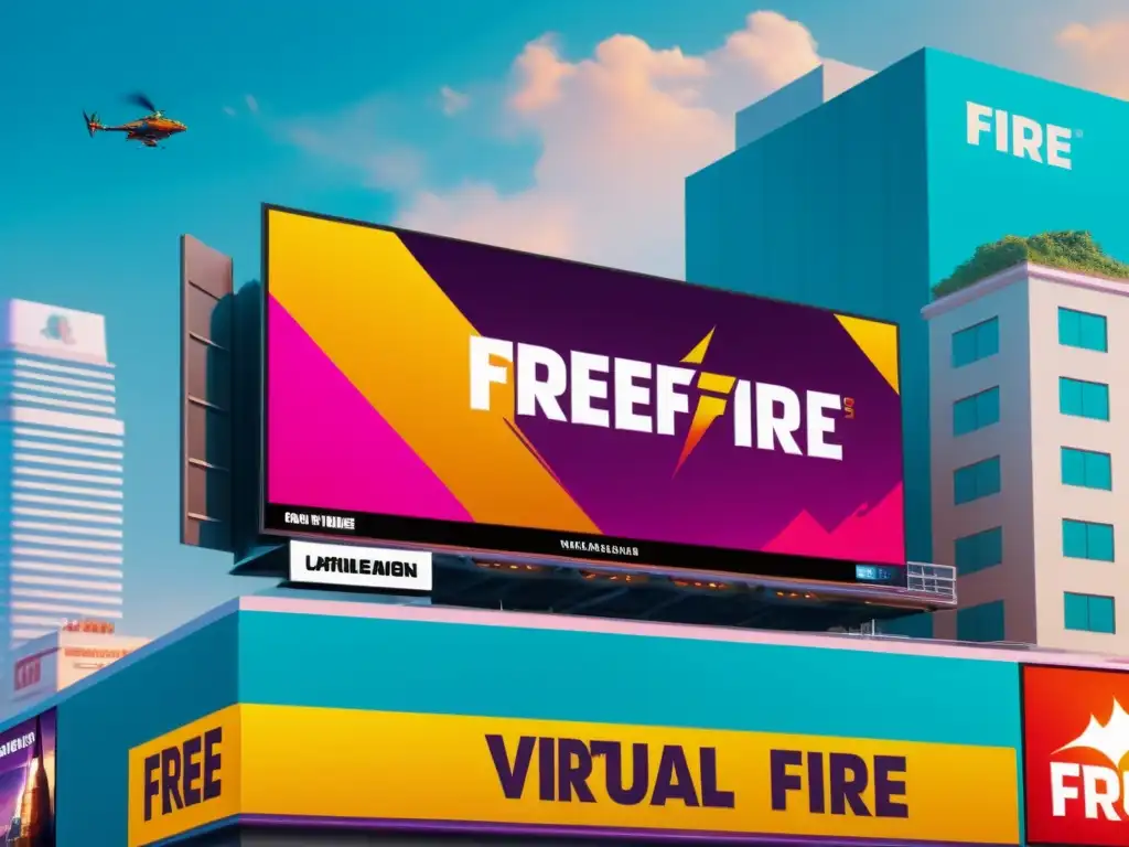 Publicidad en Free Fire: Marca el Futuro Publicidad ingame en Free Fire: cartel virtual con anuncios de marcas en ambiente urbano futurista del juego, integrados de forma vibrante