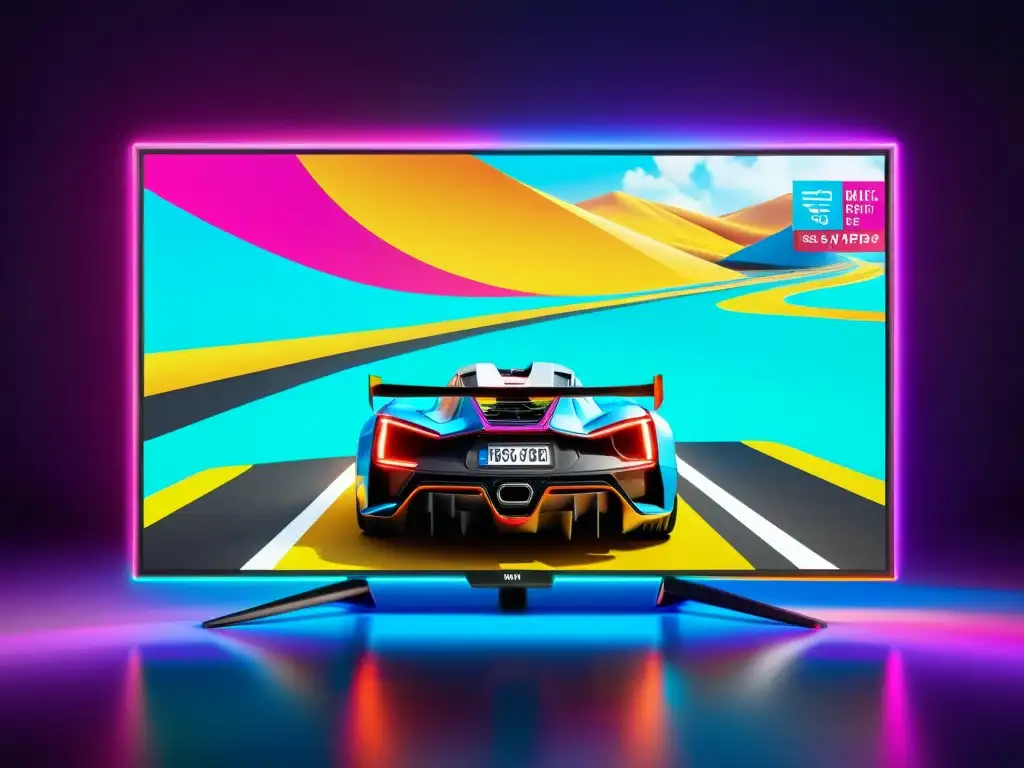 Inmersión total: Publicidad dinámica en consola de juegos Publicidad nativa en gaming: pantalla de consola con anuncio integrado, vibrante y envolvente, en un entorno moderno y futurista