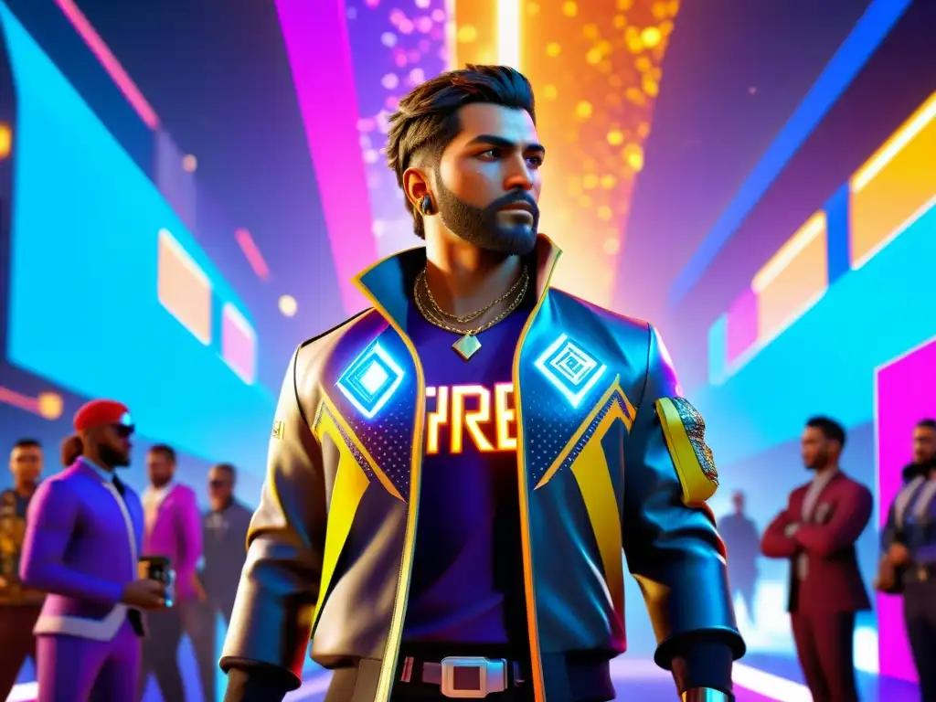 Rentabilidad y accesorios premium en Free Fire: personaje en ciudad futurista con accesorios brillantes y efecto de energía dinámica