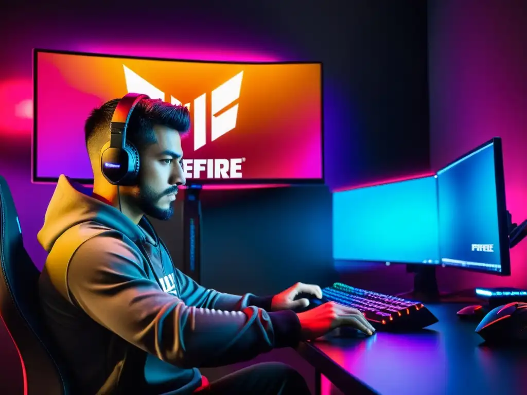 Entrenamiento intensivo de FreeFire: enfoque absoluto Rutinas diarias para mejorar habilidades FreeFire: Atleta de esports concentrado en intenso entrenamiento frente a la pantalla y equipo gaming de alta gama