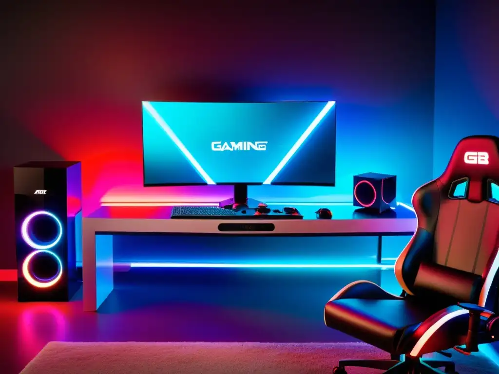Setup de gaming de alto rendimiento con tarjeta gráfica de vanguardia Una sala de juegos moderna con una tarjeta gráfica destacada y accesorios de alta tecnología, creando un ambiente futurista