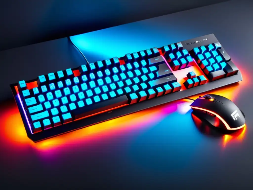 Kit de teclado y ratón gaming iluminado en escenario futurista Un set de teclado y ratón para gaming en un escritorio futurista iluminado con el logo de FreeFire