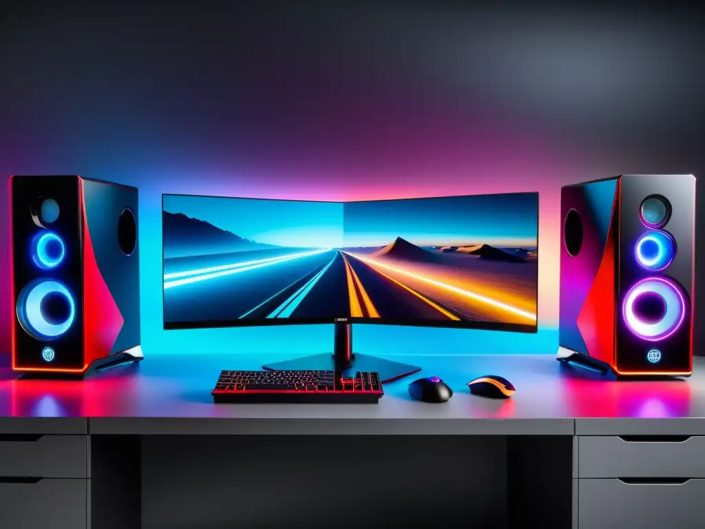 Escenario de juego futurista con tecnología de vanguardia Un setup de juego futurista con unificación de dispositivos y marca, exudando sofisticación tecnológica