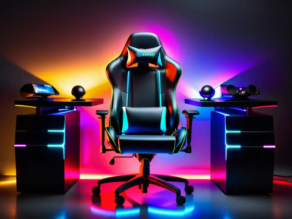 Silla gaming LED: inmersión y tecnología Una silla gaming negra con luces LED, diseño ergonómico y accesorios de gaming, en una habitación futurista iluminada