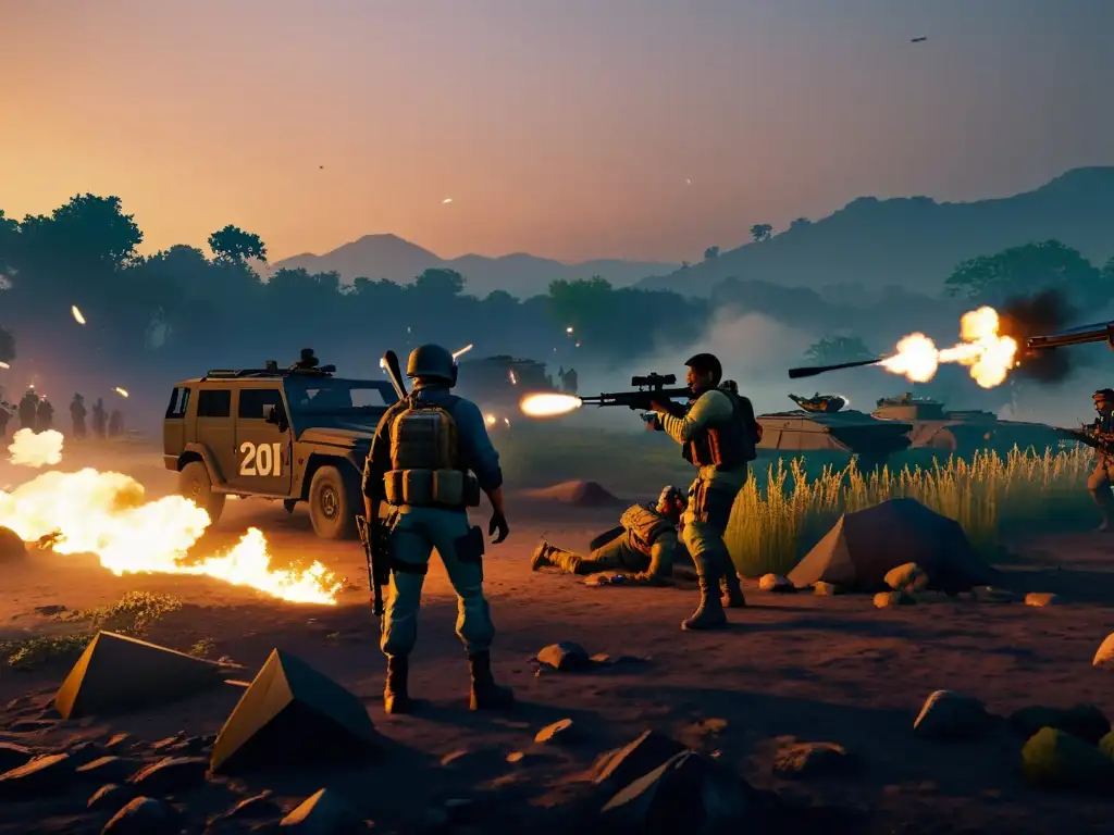 Siluetas de jugadores estratégicamente posicionados en un campo de batalla de FreeFire al atardecer, listos para el combate final
