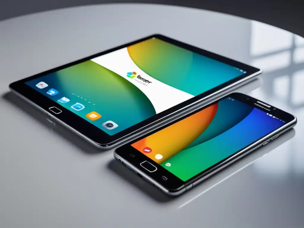 Dispositivos elegantes con marca cohesiva Un smartphone y una tablet modernos, con la misma marca y colores, en una superficie blanca