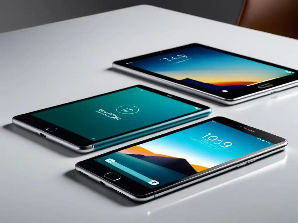 Dispositivos modernos en armonía: smartphone y tablet con marca cohesiva Un smartphone y una tablet modernos, con una marca unificada en pantalla, sobre superficie blanca