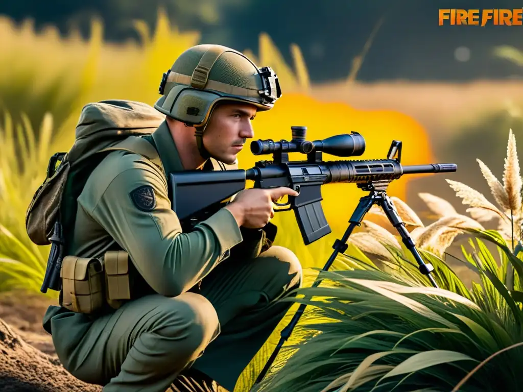 Un soldado en Free Fire se agacha en la hierba alta con un traje de camuflaje que se mezcla perfectamente