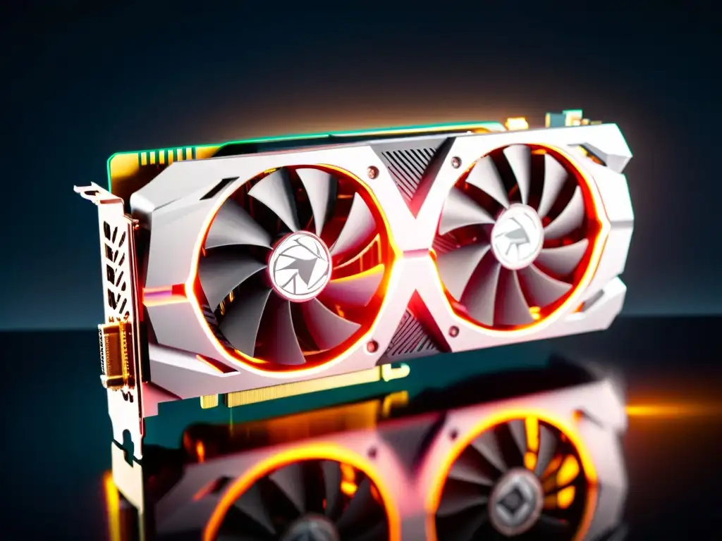 Tarjeta gráfica de alta tecnología: circuitos brillantes y LED vibrantes Una tarjeta gráfica gamer de alta tecnología con diseño moderno y luces LED vibrantes, destacando en un fondo oscuro mate