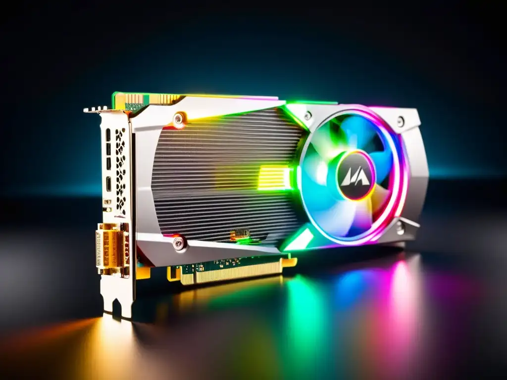 Tarjeta gráfica de alta gama con iluminación RGB vibrante Una tarjeta gráfica de alta gama con luces RGB vibrantes sobre fondo oscuro