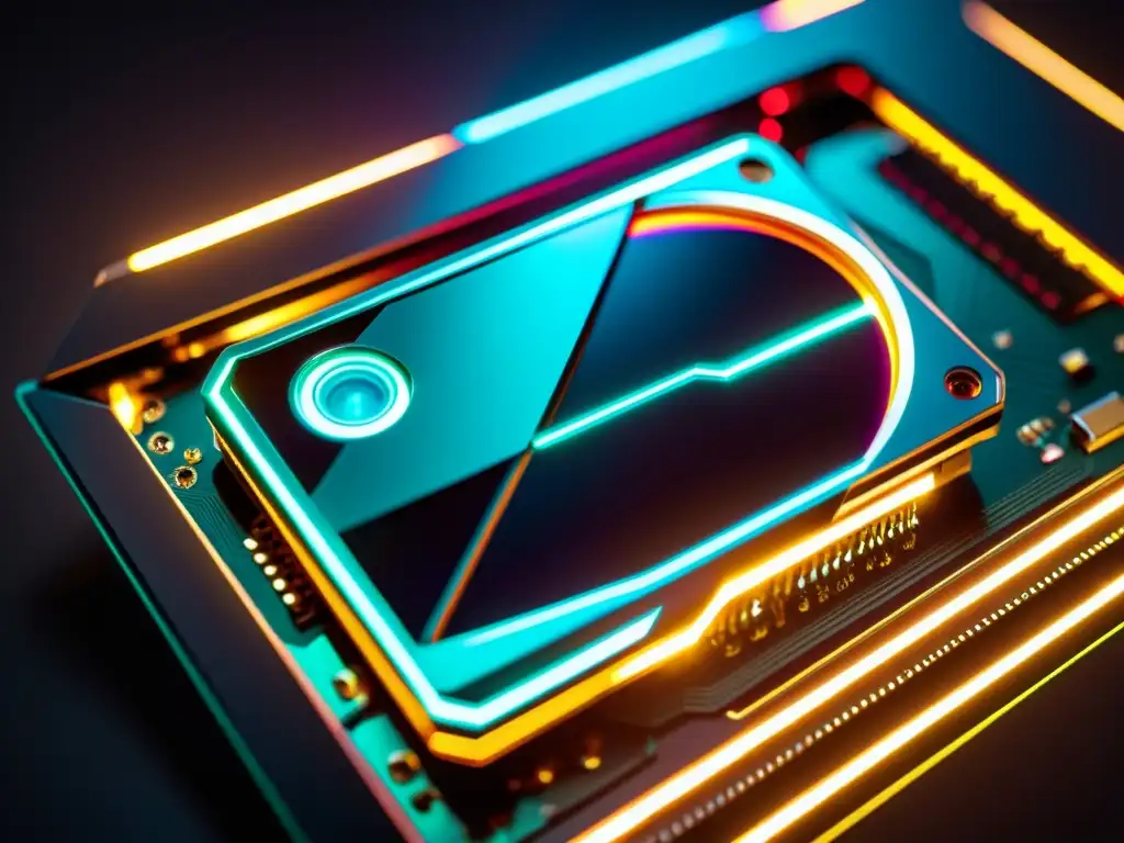 Gráfica de alta gama: potencia y diseño en detalle Una tarjeta gráfica de alta gama con iluminación LED vibrante, componentes metálicos elegantes y circuitos complejos, en un fondo futurista oscuro, resaltando su diseño premium y sofisticado