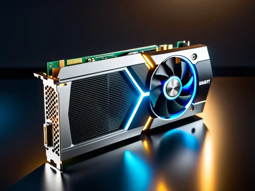 Tarjeta gráfica de gaming futurista con luces LED vibrantes Una tarjeta gráfica gamer futurista con luces LED vibrantes y un diseño elegante