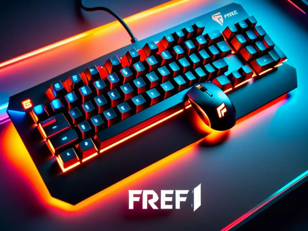 Teclado y ratón gaming FreeFire: alta tecnología y estilo Teclado y ratón FreeFire en ambiente futurista con descuentos especiales