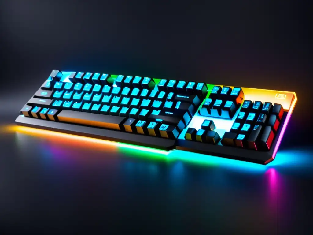 Teclado gaming de alta tecnología con iluminación RGB vibrante Un teclado gaming moderno con iluminación RGB vibrante, teclas mecánicas y descanso de muñecas