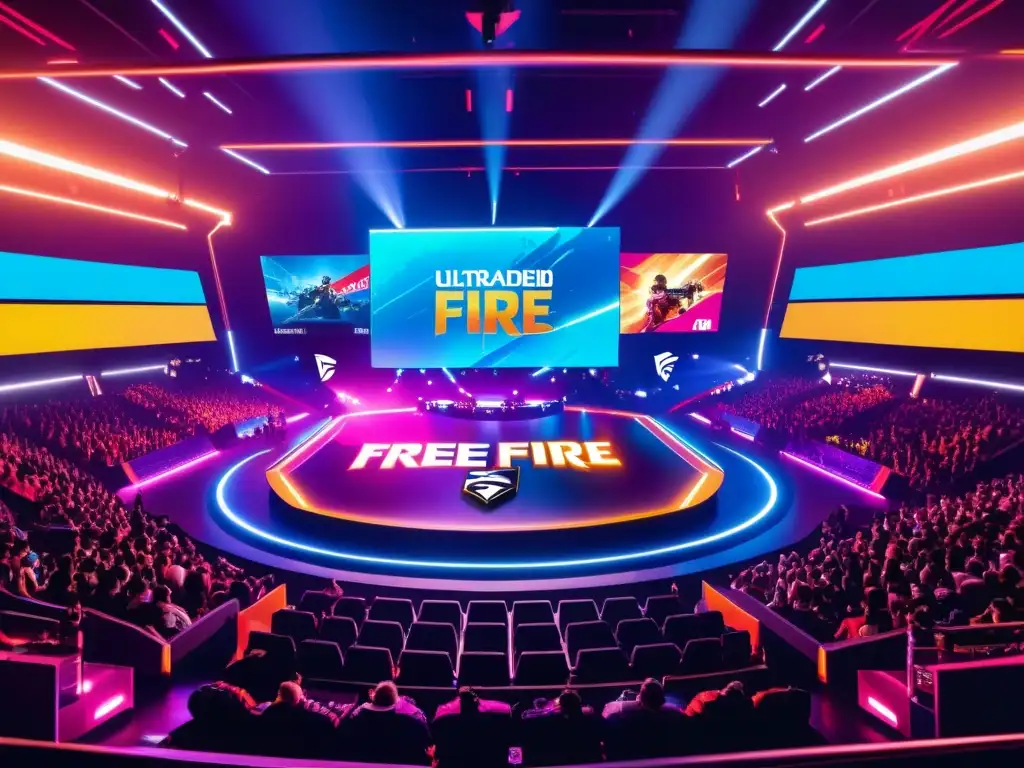 Emocionante torneo de Free Fire Esports en 8k Un torneo de Free Fire Esports en 8k, con fans entusiastas, jugadores concentrados y una atmósfera electrificante