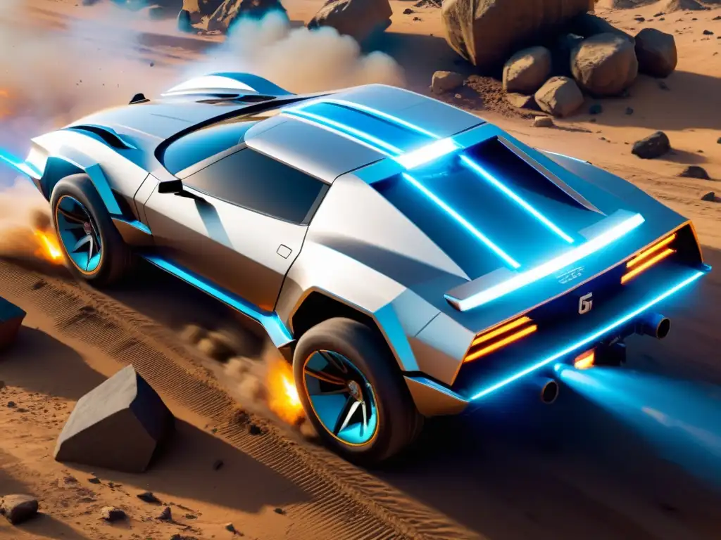 Vehículo futurista de Free Fire: velocidad y agilidad en acción Un vehículo futurista plateado con neón azul, maniobrando en un entorno dinámico de Free Fire