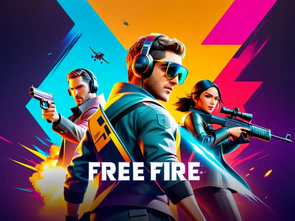 Batalla intensa en Free Fire: jugadores estratégicos en acción Vibrante escena de juego de Free Fire con jugadores estratégicos en un campo de batalla digital, mostrando la emoción y la tecnología de Free Fire