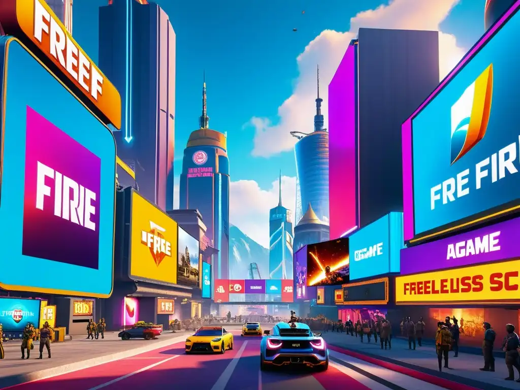 Publicidad futurista integrada en Free Fire | Ciudad y marcas destacadas Vibrante escena publicitaria en Free Fire, con marcas integradas en un paisaje futurista y colorido
