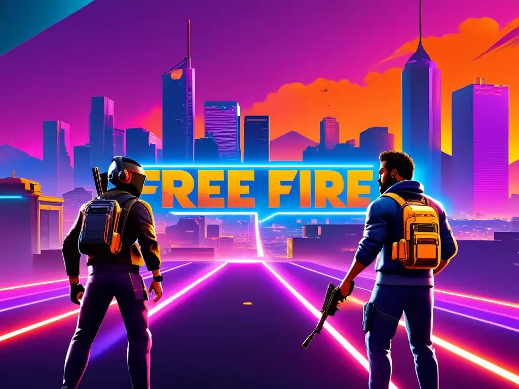 Un vibrante y futurista escenario de Free Fire al atardecer, con jugadores en intenso combate, iluminados por luces de neón y el destello de disparos