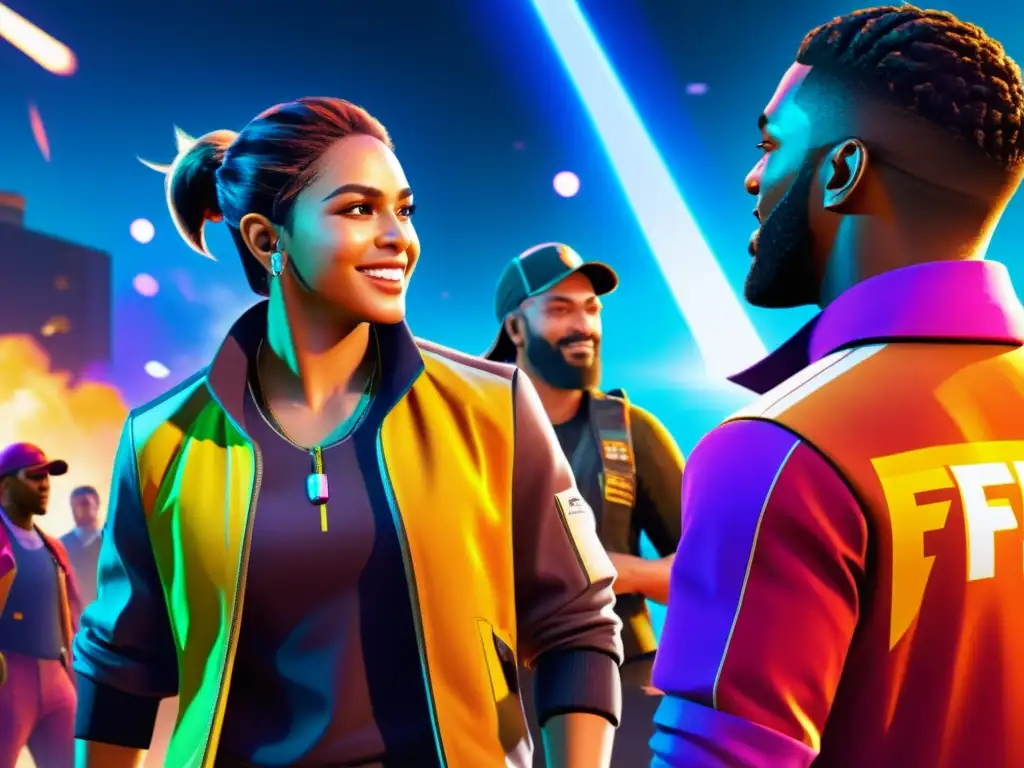 Evento comunitario vibrante de Free Fire en entorno virtual futurista Vibrante imagen 8k de jugadores de Free Fire en evento comunitario, demostrando el impacto de las colaboraciones en la comunidad Free Fire