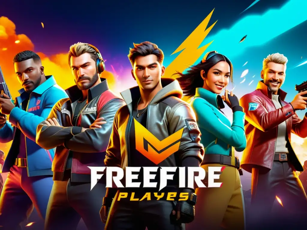Vibrante imagen 8k de jugadores en FreeFire celebrando una victoria en un entorno futurista