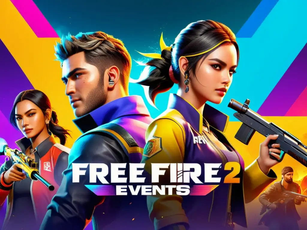 Eventos emocionantes de Free Fire: batallas intensas, botín y recompensas Vibrante ilustración de los mejores eventos con recompensas Free Fire