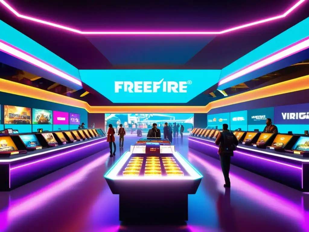 Mercado Virtual de FreeFire: Comercio y Emoción Un vibrante mercado virtual en FreeFire, con personajes intercambiando diamantes y monedas