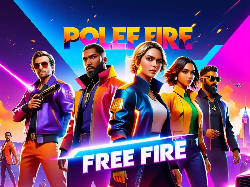 Colaboración futurista de personajes de Free Fire en la ciudad Vibrante ilustración de personajes de Free Fire en una ciudad futurista, destacando el impacto de colaboraciones en la comunidad de Free Fire