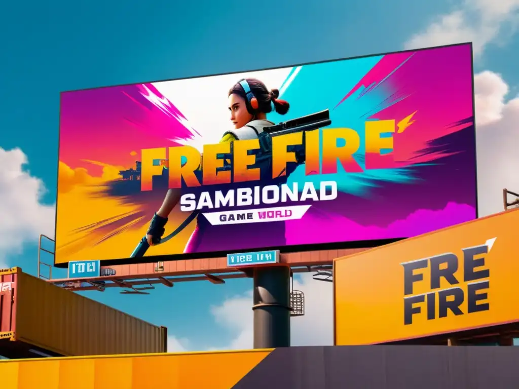 Anuncio vibrante en el juego Free Fire: impacto publicitario Vibrante publicidad ingame en Free Fire, integrada en un dinámico paisaje virtual con intensas batallas de fondo